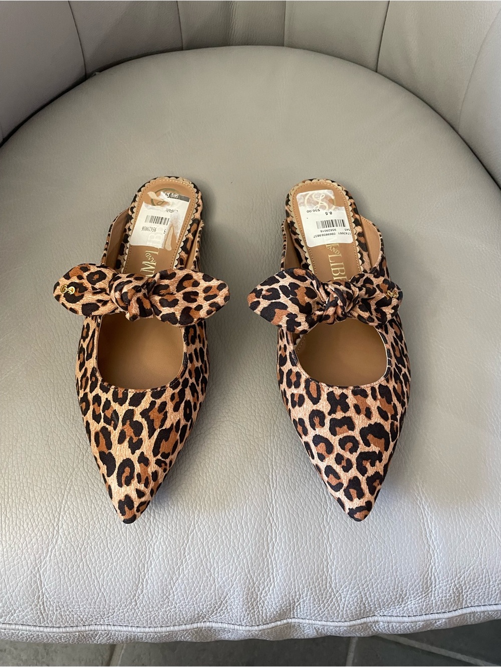 Sam & Libby Leopard Print Bow Pointed Toe Mules (NWT)